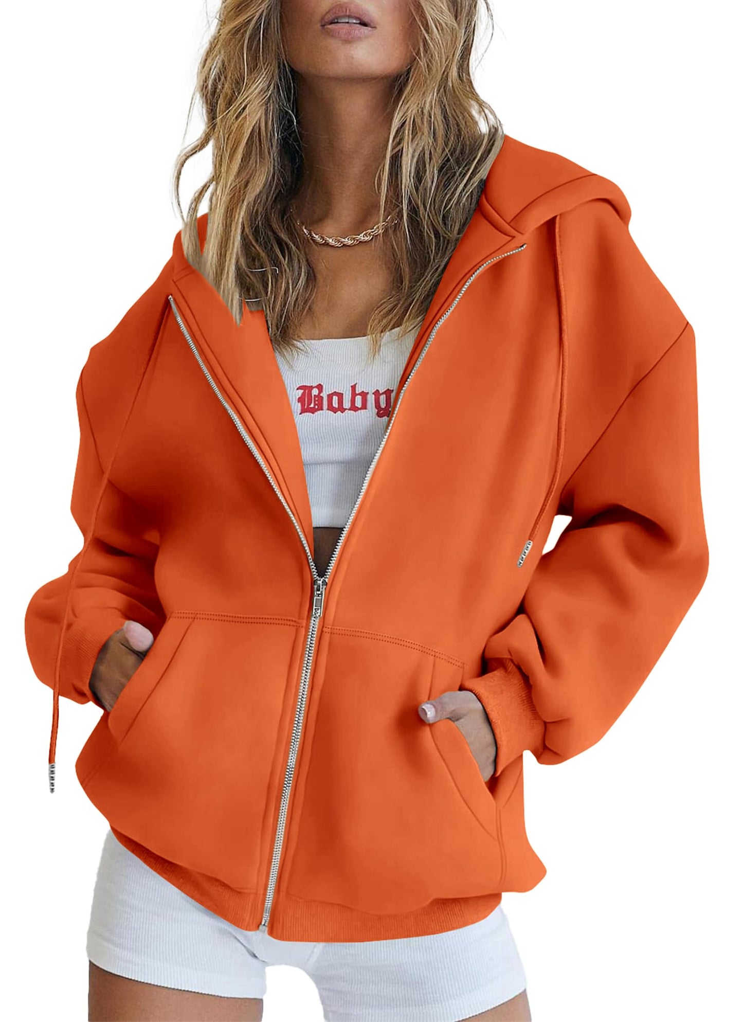 PRETTYGARDEN Women's 2024 Zip Up Y2K Hoodies Casual Long Sleeve Sweatshirts Fall Track Jackets With Pockets (Orange,Medium)