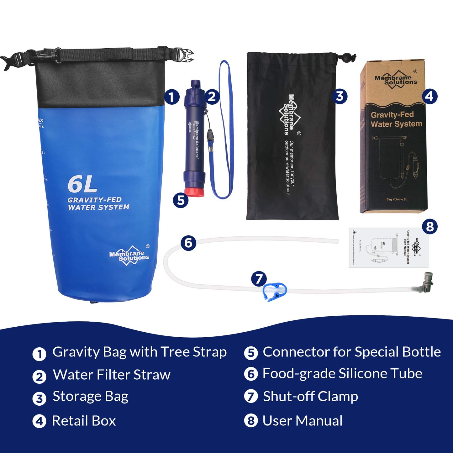 Membrane Solutions Gravity Water Filter Pro 6L, 0.1-Micron Versatile Water Purifier Camping with Adjustable Tree Strap Storage Bag, Survival Gear for Group Emergency Preparedness