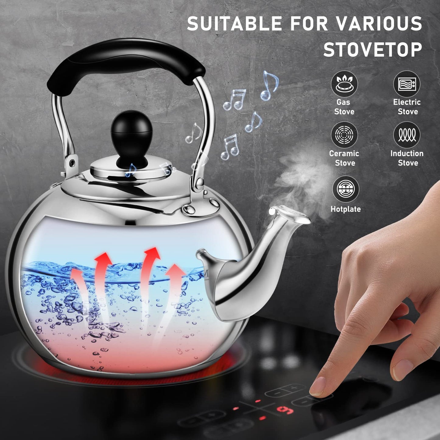 Dclobtop Whistling Tea Kettle Stovetop - 2.5 Quart Round Tea Kettle Stovetop, Silver Mirror Polished Classic Stovetop Kettle, Food Grade Material Kettle Teapot for Stove Top,Tea Pot