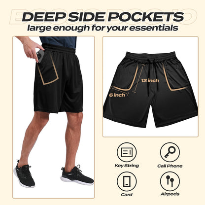 5 Pack Athletic Gym Mens Shorts - Workout Black Quick Dry Basketball Shorts with Pockets for Running Casual Activewear