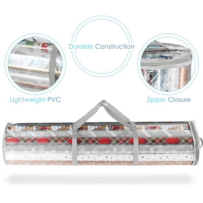 Hearth & Harbor Wrapping Paper Storage Container - Clear Wrapping Paper Holder Fits Up To 14 Rolls of 40" - Tear Proof Gift Wrap Organizer - Premium Bag for Easy Carrying, Silver