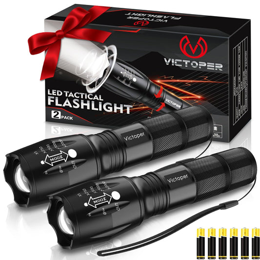 Victoper LED Flashlight 2 Pack, Bright 2000 Lumens Tactical Flashlights High Lumens with 5 Modes, Waterproof Zoomable Flash Light for Outdoor, Gifts for Christmas Stocking Camping Essentials Gear