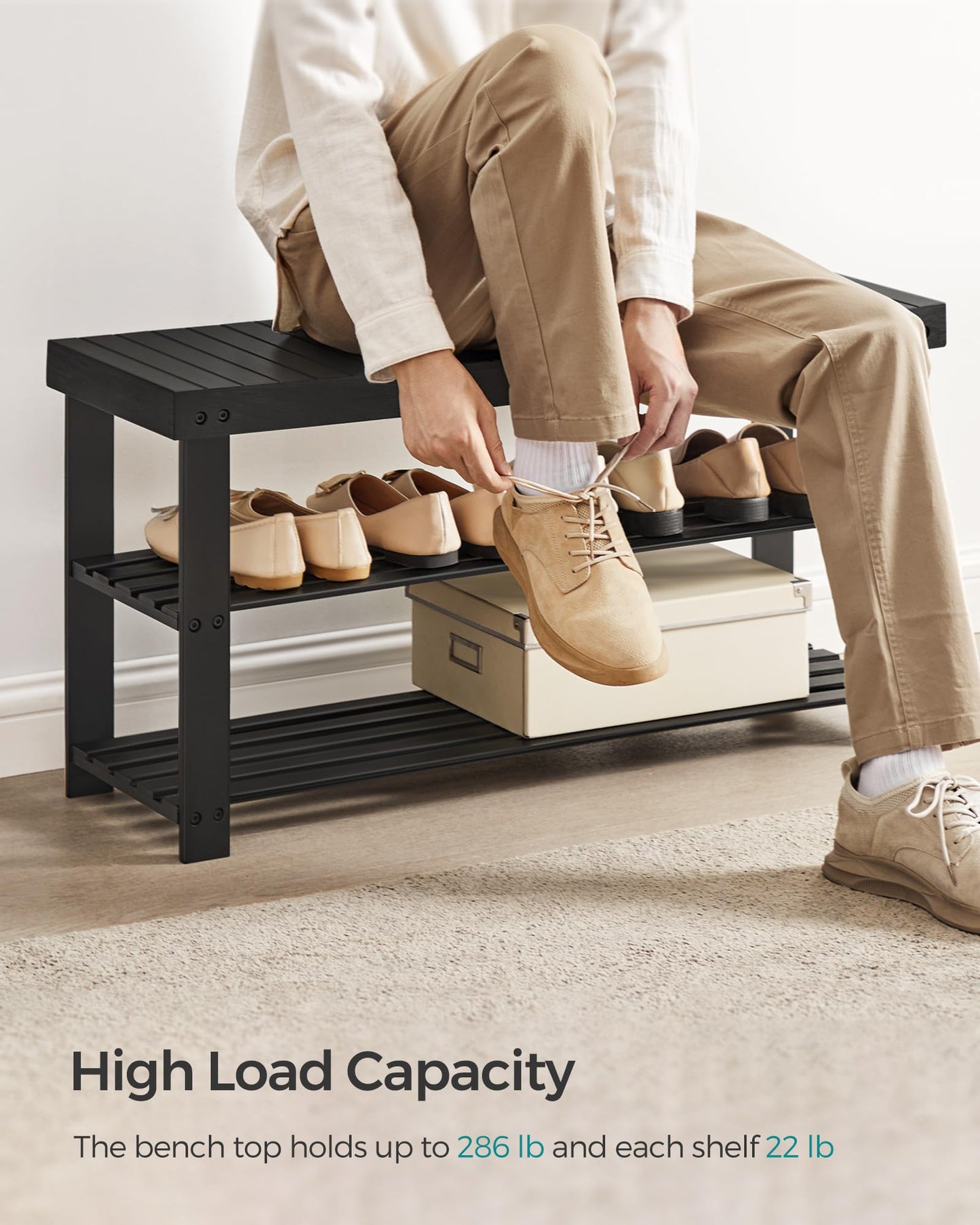 SONGMICS Shoe Rack Bench, 3-Tier Bamboo Shoe Storage Organizer, Entryway Bench, Holds Up to 286 lb, 11.3 x 35.4 x 17.8 Inches, for Entryway Bathroom Bedroom, Ink Black ULBS90B33