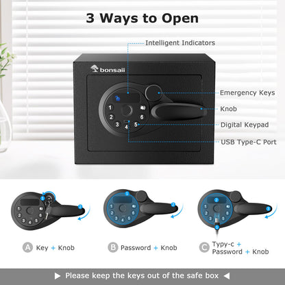 Bonsaii Safe Box with Electronic Keypad, Steel Security Lock Box with Key, 0.23 Cubic Feet, 9.06" W x 6.69" D x 6.69" H, Small Hidden Safe for Cash Jewelry