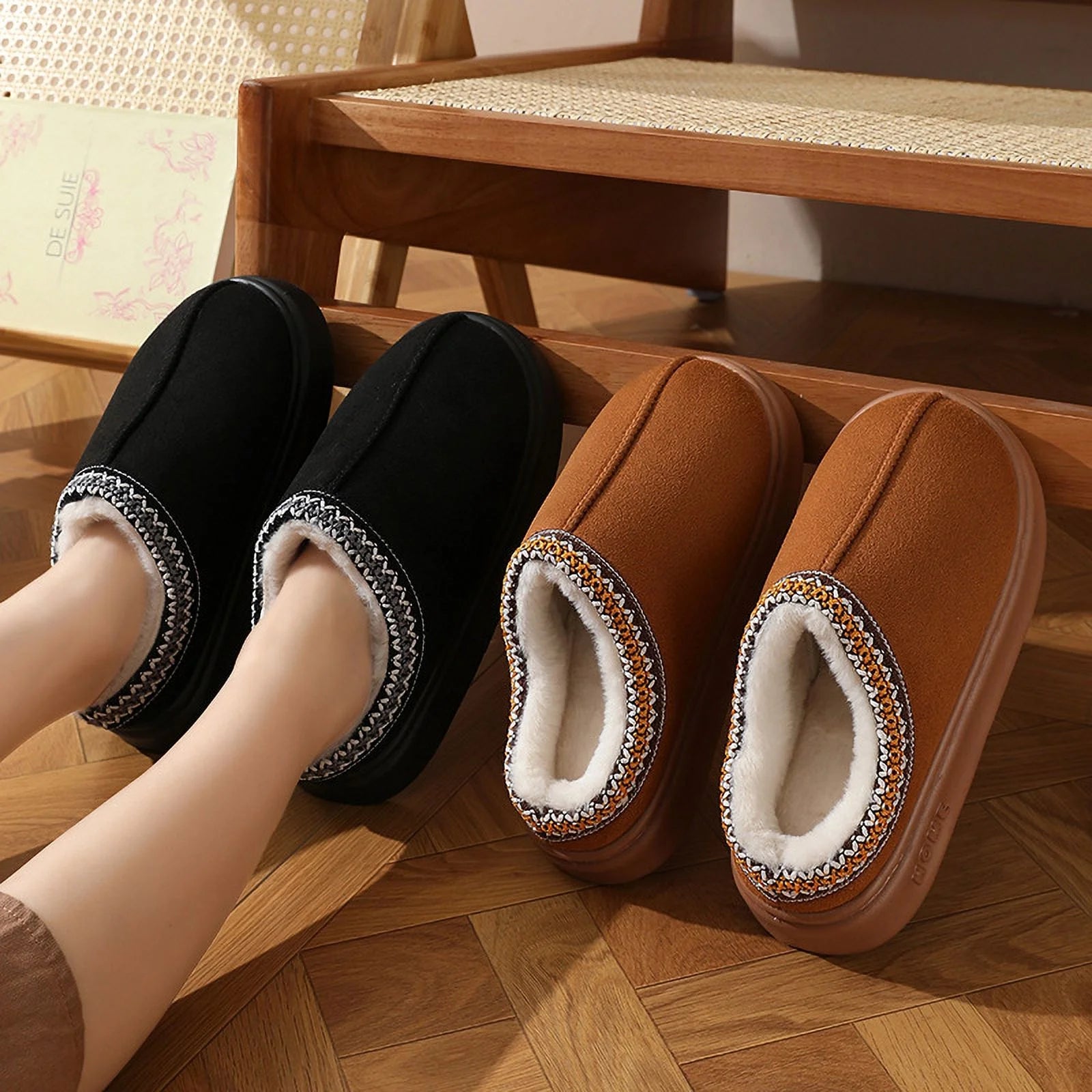 BERANMEY Cozy Platform Fuzzy Slippers for Women and Men Short Ankle Slippers with Anti-Slip Sole Lined with Warm Furry Genuine Suede Perfect for Indoor & Outdoor Use