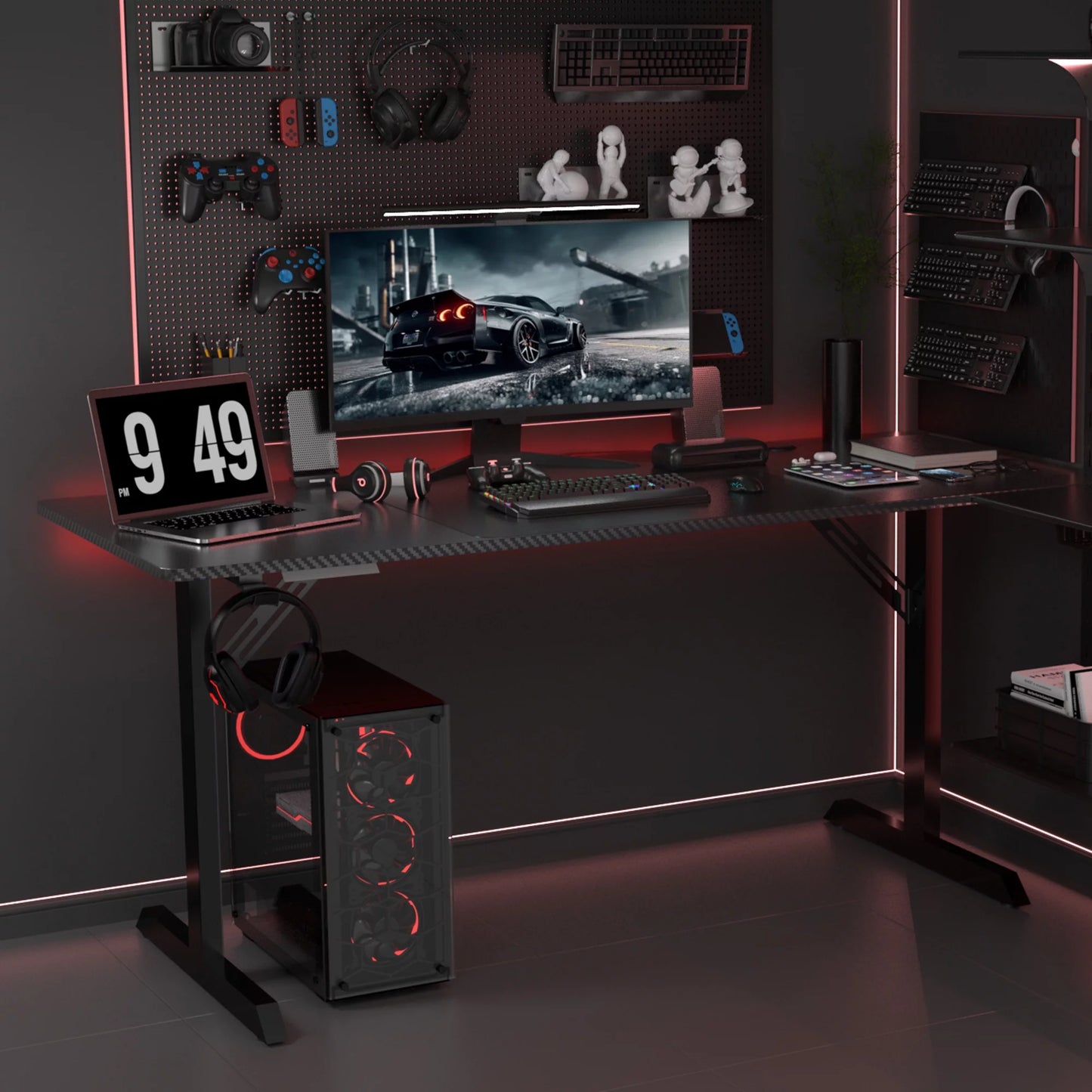 GTRACING 55" Large RGB Gaming Desk with Mouse Pad T-Shaped Office Chair Computer Desk Spacious Work Surface Table, Black