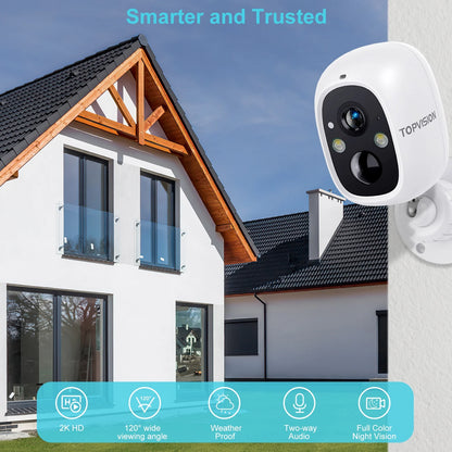 TOPVISION Wireless 2K Outdoor Surveillance Camera with Night Vision, PIR Motion Sensor, 2 Way Audio, 2.4G Wifi,White