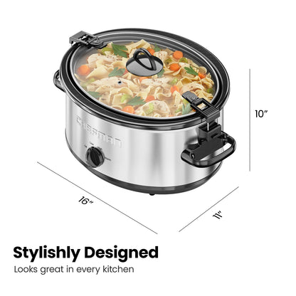 Chefman 6 Qt. Slow Cooker w/ Locking Lid and Three Heat Settings - Stainless Steel, New