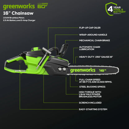 Greenworks 60V 16" 1.5kW Brushless Chainsaw with 2.5 Ah Battery & 3 Amp Charger + Bonus Chain