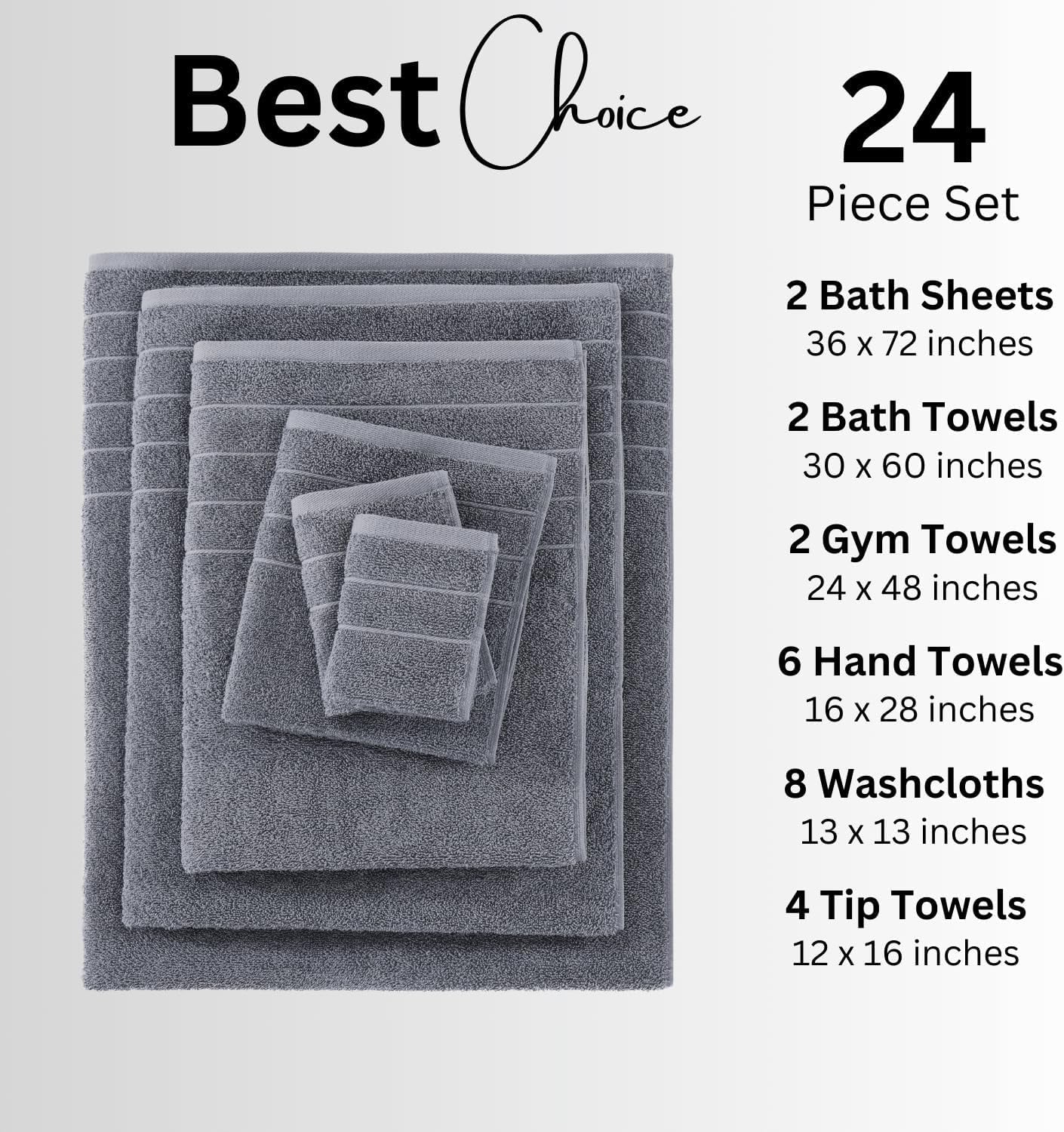 Casa Platino 24 Piece Premium Bath Towels Set, 100% Cotton Towels for Bathroom, Bath Towel and Washcloths Set and Hand Towels - Cool Grey