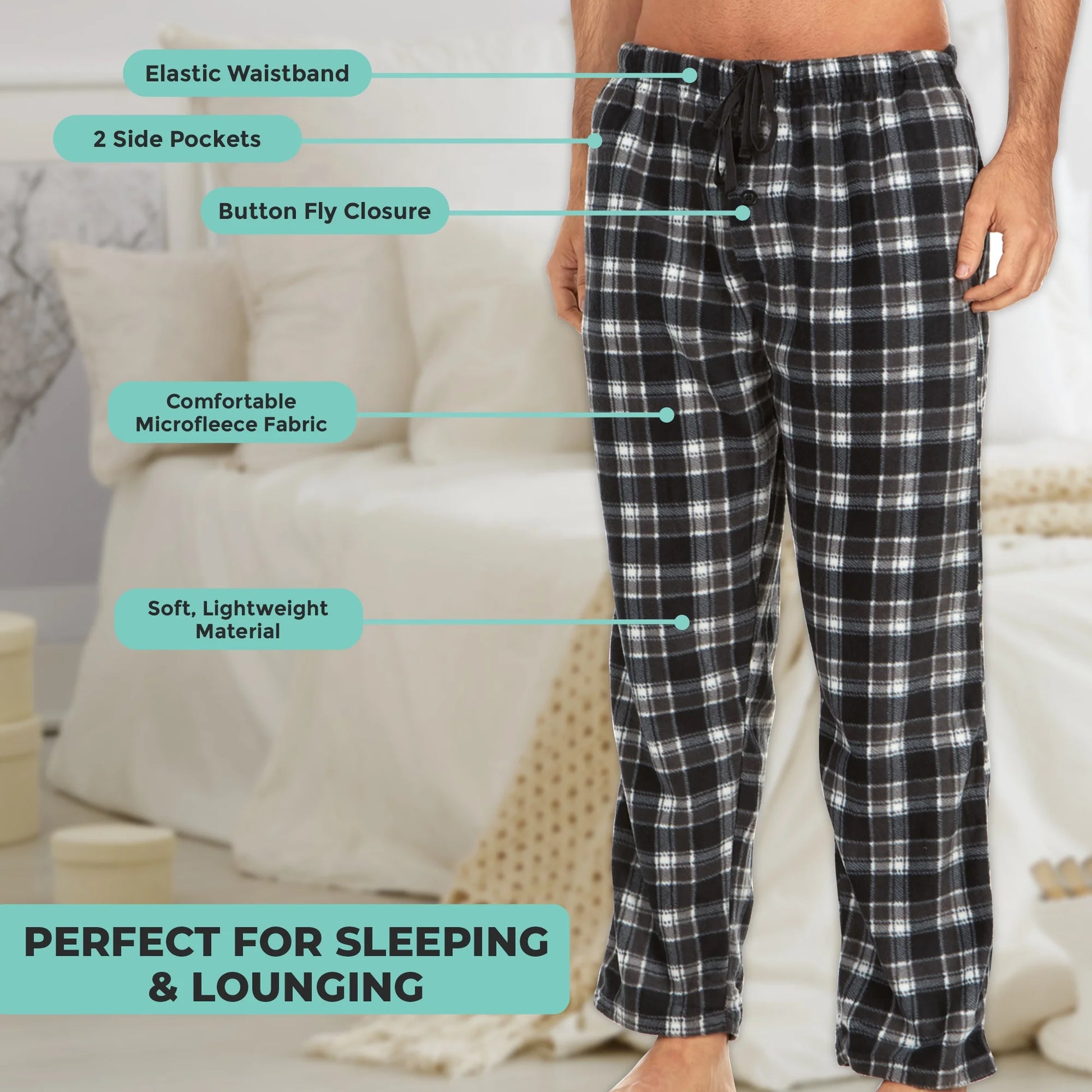 DARESAY Mens 3 Pack Pajama Pants for Men, Microfleece Pajama Pants, Men's Pajamas, Sleep pants with Pockets, Up to Size 3XL