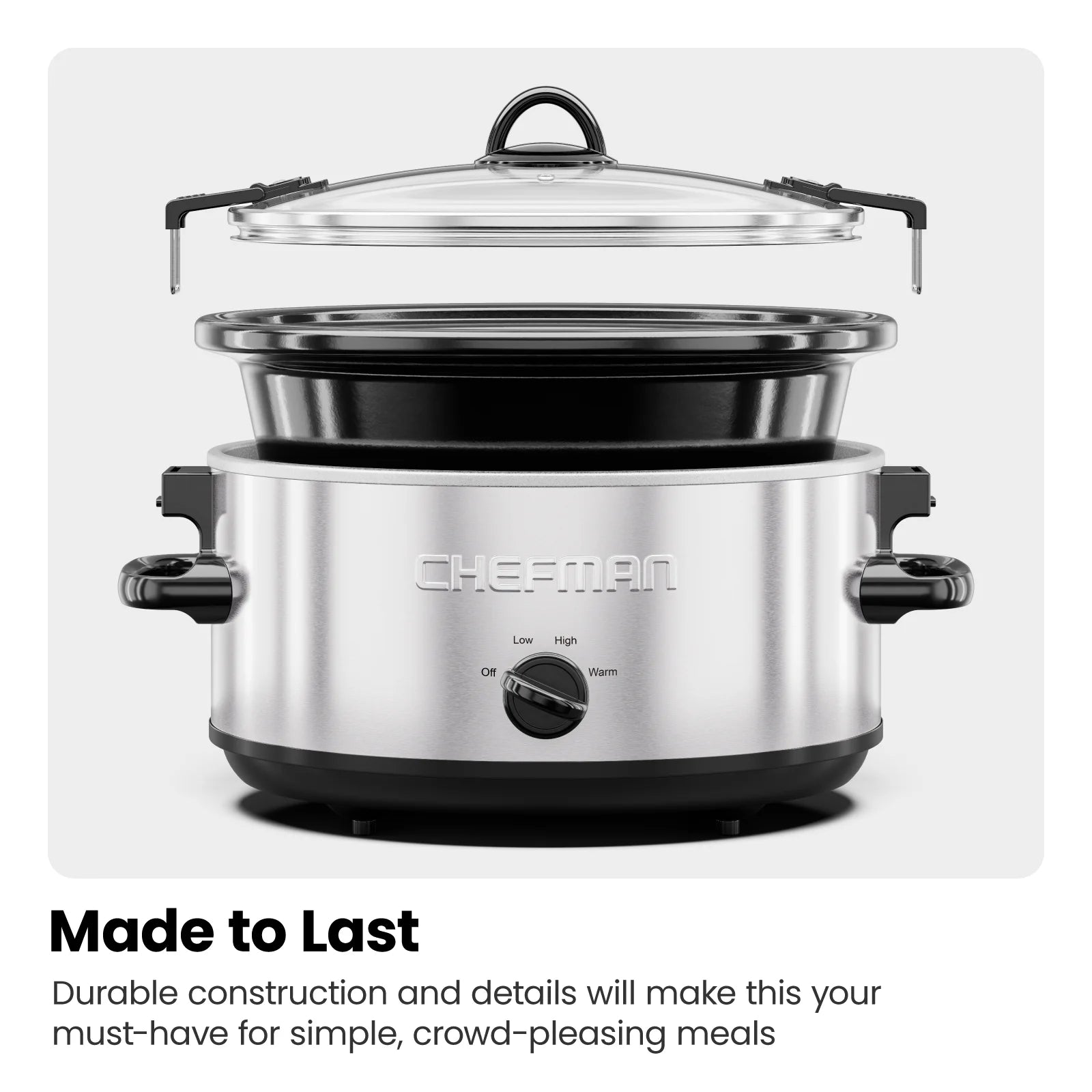 Chefman 6 Qt. Slow Cooker w/ Locking Lid and Three Heat Settings - Stainless Steel, New