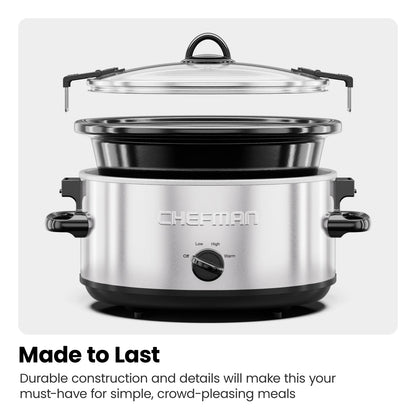 Chefman 6 Qt. Slow Cooker w/ Locking Lid and Three Heat Settings - Stainless Steel, New