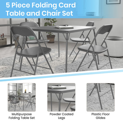 Flash Furniture Madison 5-Piece Indoor/Outdoor Vinyl Folding Card Table and Chairs Set, Gray