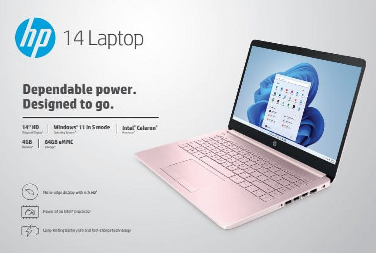 HP Stream 14" Laptop, Intel Celeron N4020 Processor, 4GB RAM, 64GB eMMC, Pink, Windows 11 (S mode) with Office 365 1-yr, 14-cf2112wm