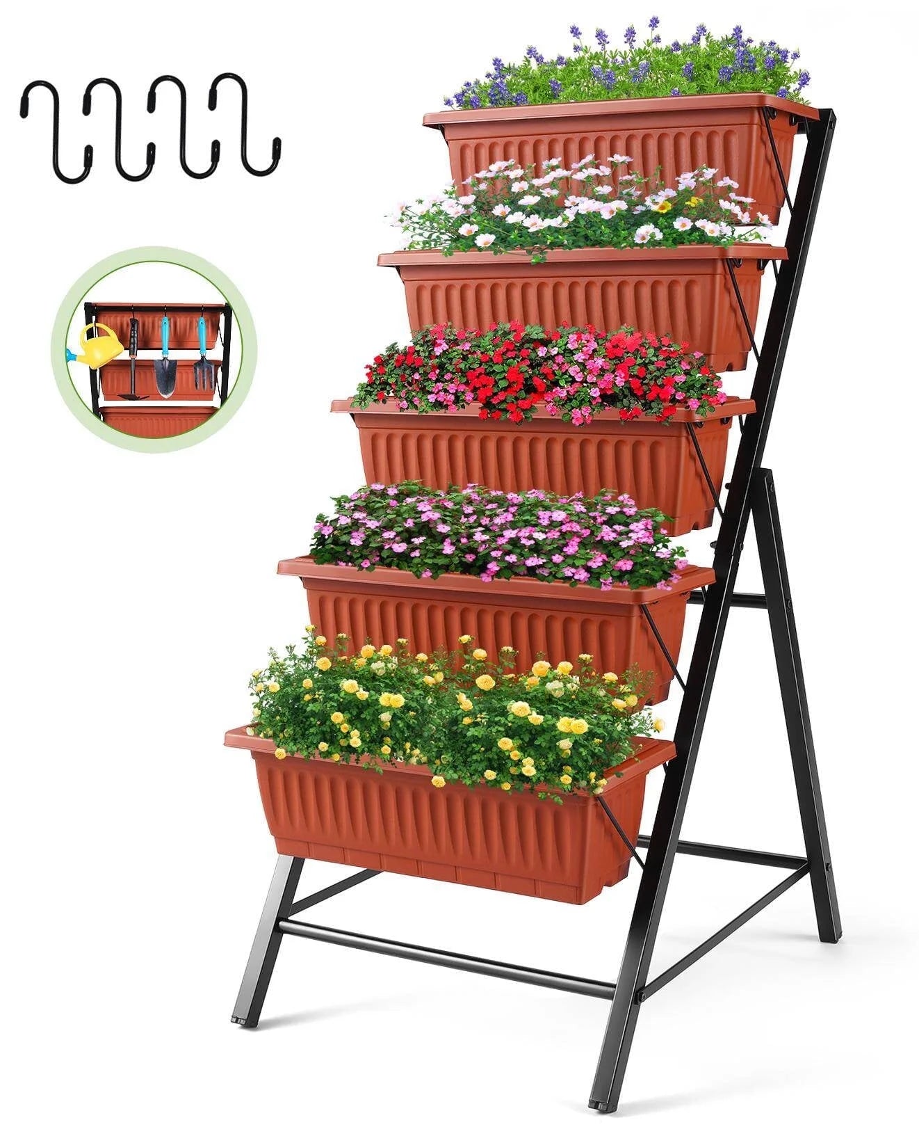 Funcid 4 ft Vertical Garden 5-Tier Raised Garden Bed Planter Box for Patio Balcony Flower Herb Freestanding Garden Planter Brown, 26"×22.75×45"