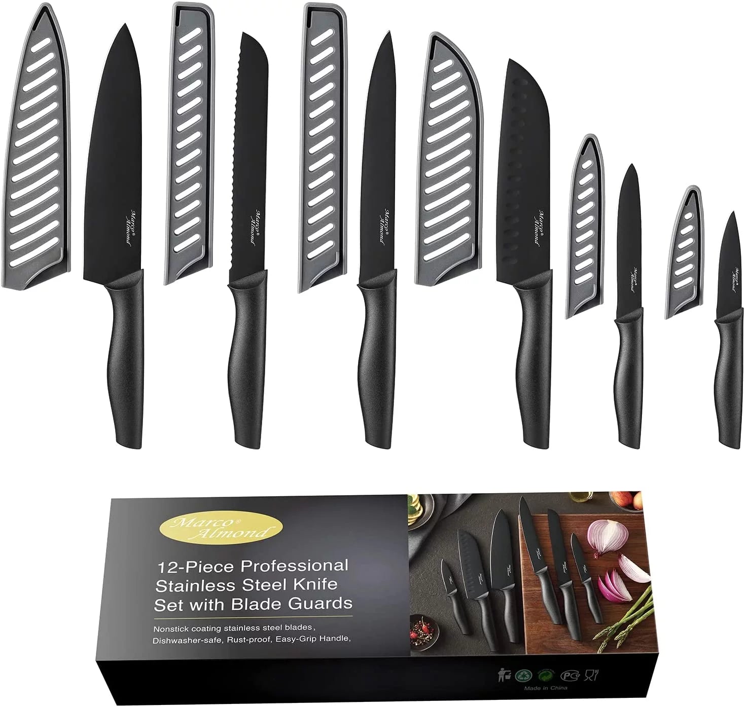 Marco Almond KYA39 12-Piece Black Kitchen Knife Set, Black Chef Knives with Sharp Blades,Blade Guards,Stainless Steel,Dishwasher Safe