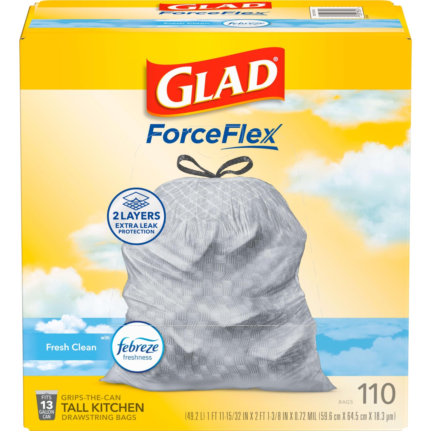 Glad Tall Kitchen Drawstring Trash Bags - Odorshield 13 Gallon White Trash Bag, Febreze Fresh Clean, 110 Count