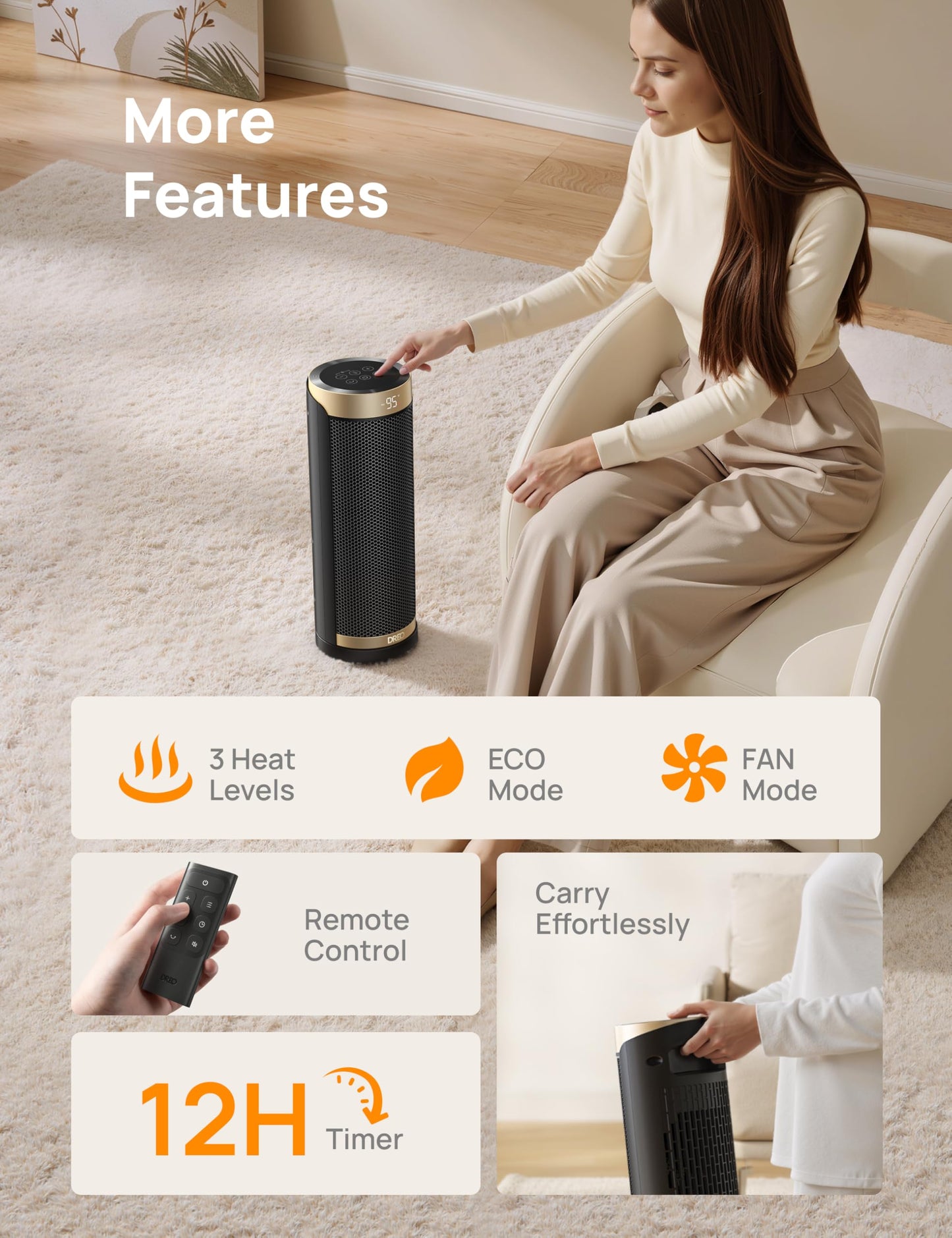 DREO Space Heater, 1500W Electric Heaters for Indoor Use with Thermostat, 70° Oscillation, 8 Safety Protections, 5 Modes, Remote, 12H Timer, Quiet Portable Heater for Office, Bedroom, Large Room