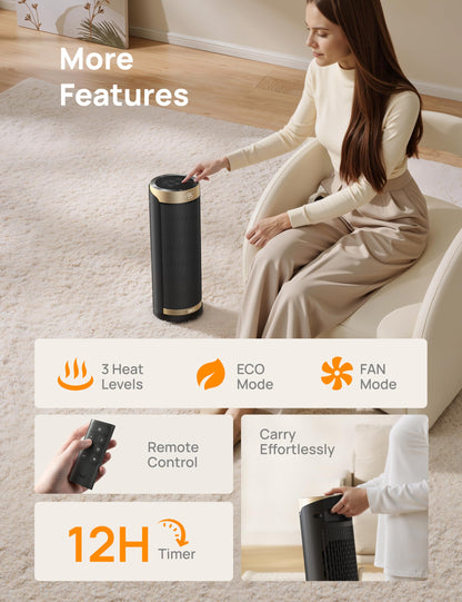 DREO Space Heater, 1500W Electric Heaters for Indoor Use with Thermostat, 70° Oscillation, 8 Safety Protections, 5 Modes, Remote, 12H Timer, Quiet Portable Heater for Office, Bedroom, Large Room