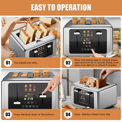 WUNLY 4 Slice Toaster, Touchscreen & Dual Independent Control Panel，5 Basic Functions & Digital Countdown Toasters, 6 Shade Settings＆6 Bread Types, Smart Bread Maker Mute/Screen-Off,Silver