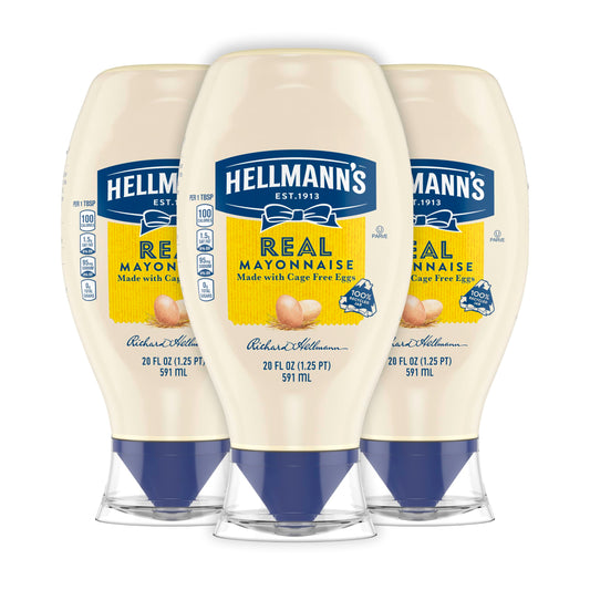 Hellmann's Real Mayonnaise Squeeze Bottle 3 Count a Rich Creamy Condiment Gluten Free, Made With 100% Cage-Free Eggs 20 oz