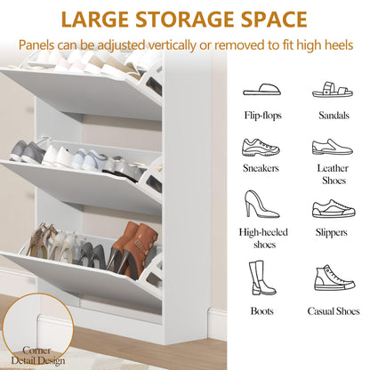 Wodeer Tall Shoe Cabinet with Coat Rack, Hidden Shoe Storage Cabinet with Doors & Drawer, Hanging Bar & Hooks, Slim Narrow Freestanding Shoe Rack Organizer for Entryway, Hallway & Living Room, White