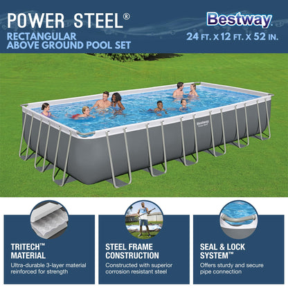 Bestway Power Steel 24' x 12' x 52" Rectangular Metal Frame Above Ground Swimming Pool Set with 1500 GPH Sand Filter Pump, Ladder, and Pool Cover