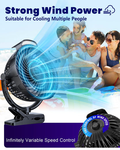 Tenvolti 10000mAh Clip on Fan, 8-Inch Golf Cart Fan Rechargeable with LED Light, 9 Speeds Strong Airflow, Ultra Quiet, 30Hrs Runtime, 360° Rotation, Cooling for Bed Camping Office Desk Dorm, Black