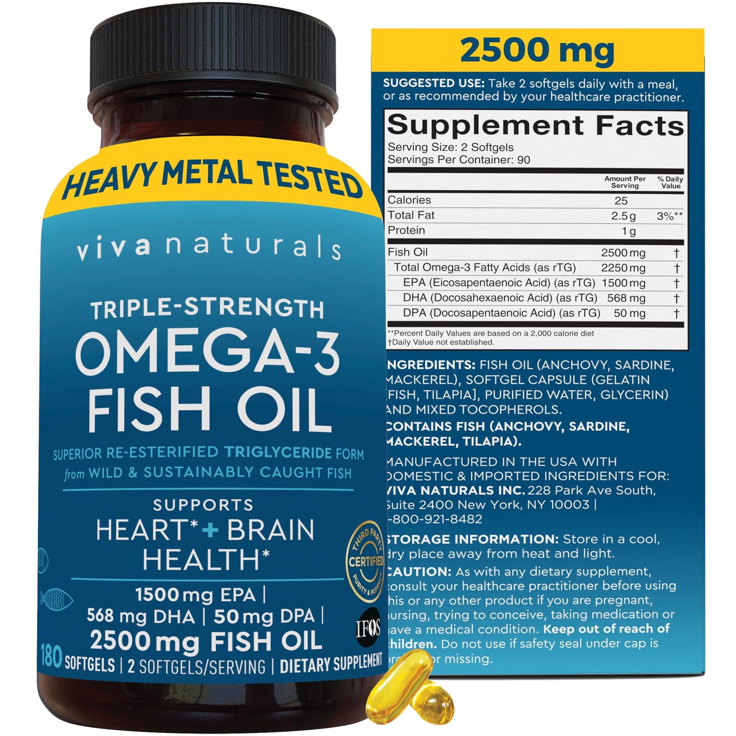 Omega 3 Fish Oil Supplement for Women and Men - 2500 mg Triple Strength Fish Oil Pills with Re-Esterified Omega 3 Fatty Acids including EPA, DHA DPA - 180 Pescatarian-Friendly Softgels