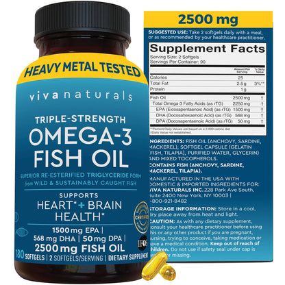 Omega 3 Fish Oil Supplement for Women and Men - 2500 mg Triple Strength Fish Oil Pills with Re-Esterified Omega 3 Fatty Acids including EPA, DHA DPA - 180 Pescatarian-Friendly Softgels