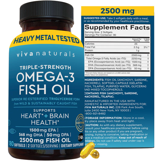 Omega 3 Fish Oil Supplement for Women and Men - 2500 mg Triple Strength Fish Oil Pills with Re-Esterified Omega 3 Fatty Acids including EPA, DHA DPA - 180 Pescatarian-Friendly Softgels