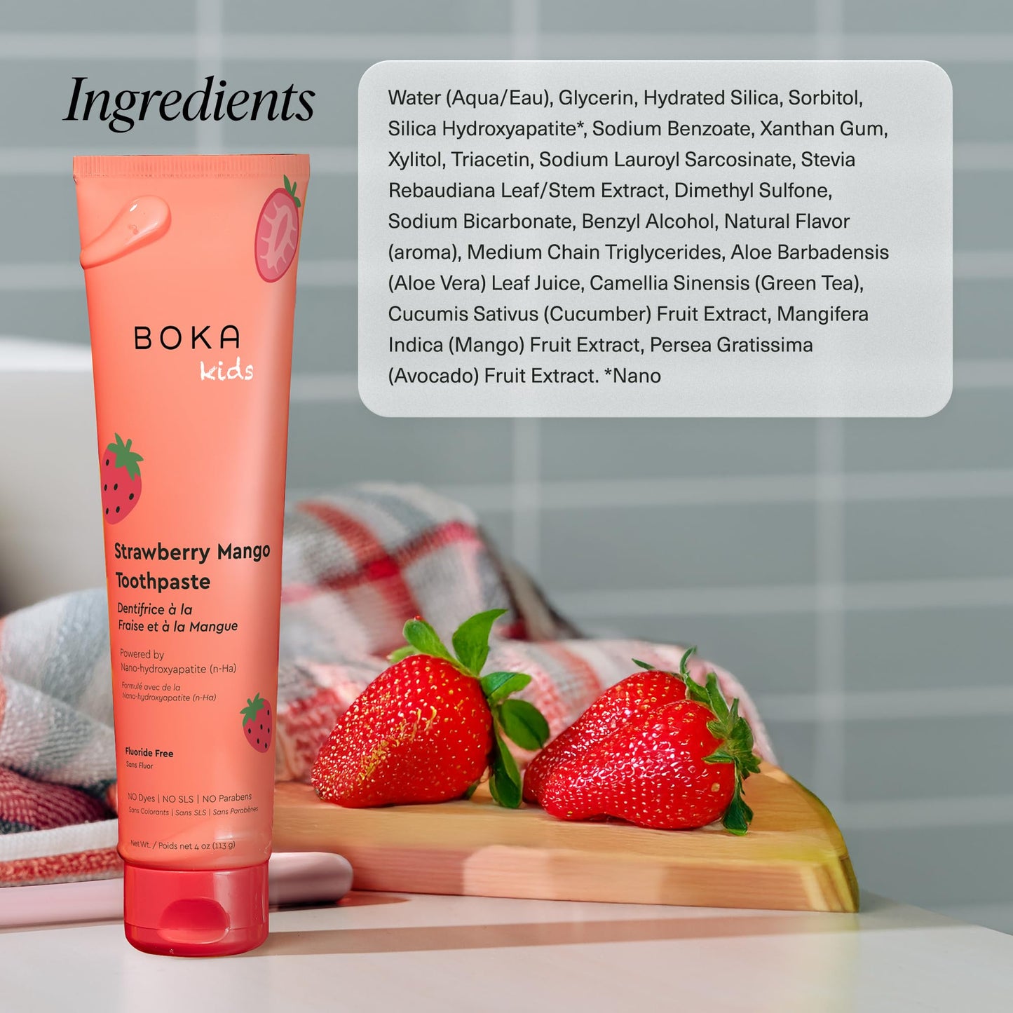 Boka Fluoride Free Toothpaste Nano Hydroxyapatite Toothpaste - Strawberry Mango Flavor, 4 oz 1Pk US Manufactured