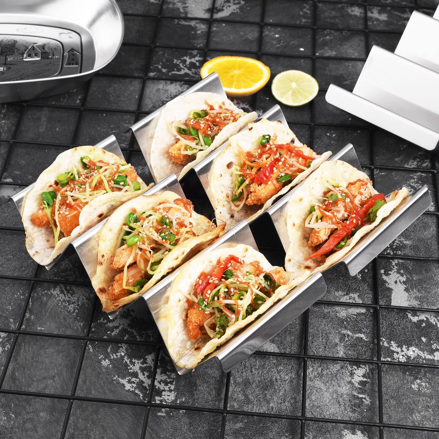 ARTTHOME. Taco Holders 4 Packs - Stainless Steel Taco Stand Rack Tray Style, Oven Safe for Baking, Dishwasher and Grill Safe
