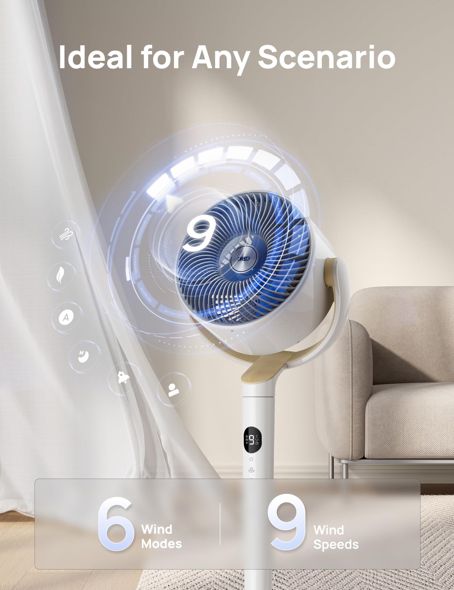 Dreo Smart Fan for Bedroom, 120° +120° Omni-Directional Oscillating Fans, 90ft Quiet Pedestal Fan with RGB Light, 9 Speeds, 6 Modes, 20dB, 8H Timer, Wi-Fi/Voice/Alexa, 37-42" Floor Fans with Remote