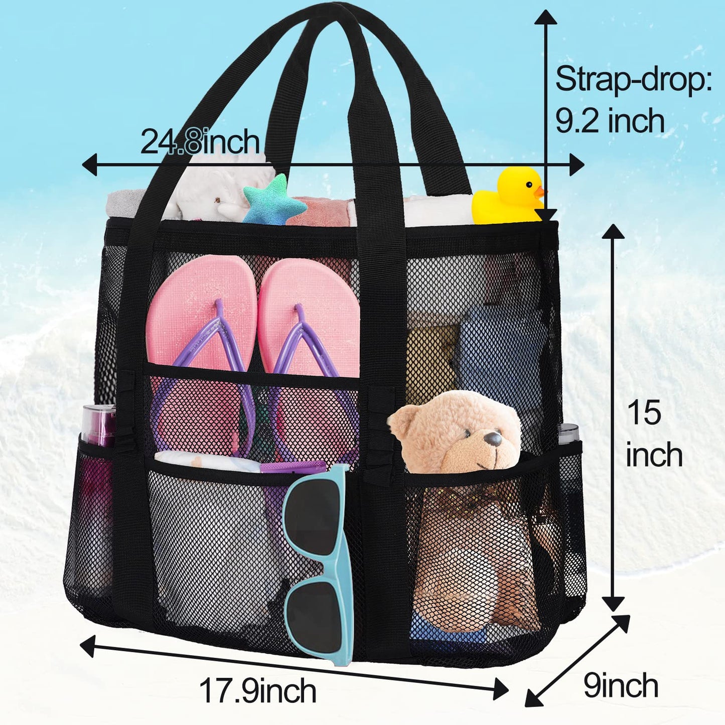 wanchel Mesh Beach Bags for Women - Plus Waterproof Sandproof Tote Bag with 8 Pockets and 1 inner Zipper Closure Pockets