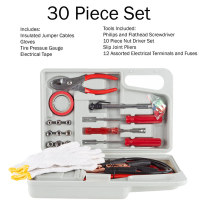 Roadside Emergency Car Kit - 30-Piece Road Trip Essentials Tool Set with Jumper Cables and Carrying Case for Car, Truck, or RV by Stalwart