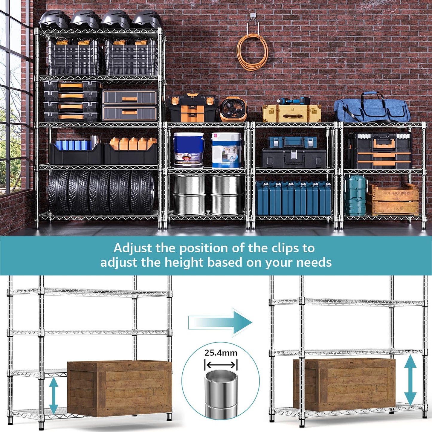 MZG Steel Storage Shelving 6-Tier Utility Shelving Unit with Wheels, Steel Organizer Wire Rack for Home,Kitchen,Office,Garage,17.7" D x 47.2" W x 76.7" H