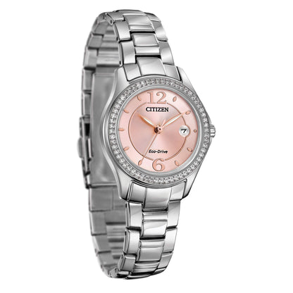 Citizen Women's Eco-Drive Dress Classic Crystal Watch in Stainless Steel, Pink Dial (Model: FE1140-86X)