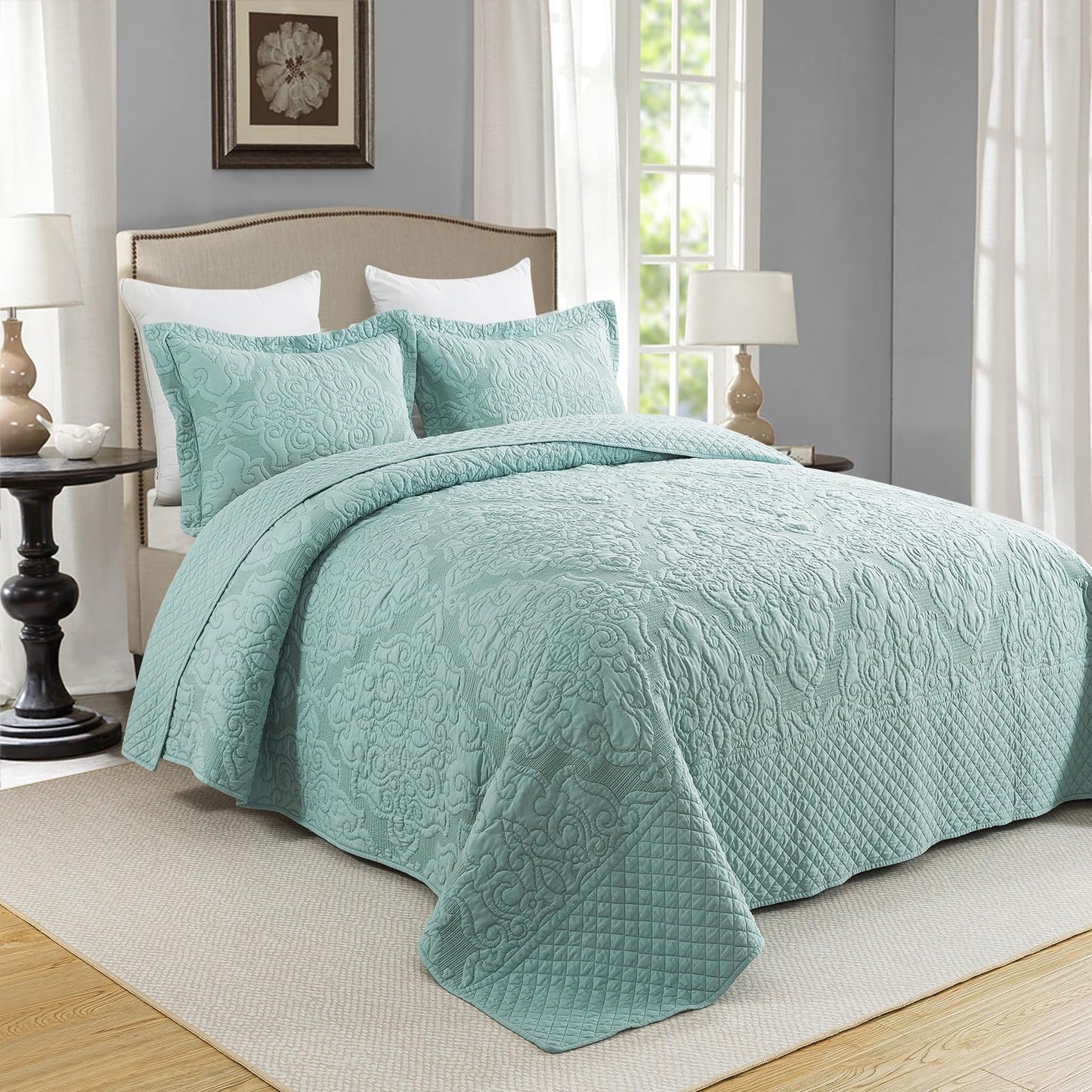Travan 3-Piece Queen Quilt Set Quilted Bedspread Oversized Microfiber Lightweight Bedspread Coverlet Set with Shams Bedding Set for All Season, Blue, Queen Size