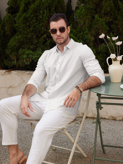 JEKAOYI Mens Casual Long Sleeve Cotton Linen Shirts Buttons Down Solid Plain Roll-Up Sleeve Summer Beach Shirts White