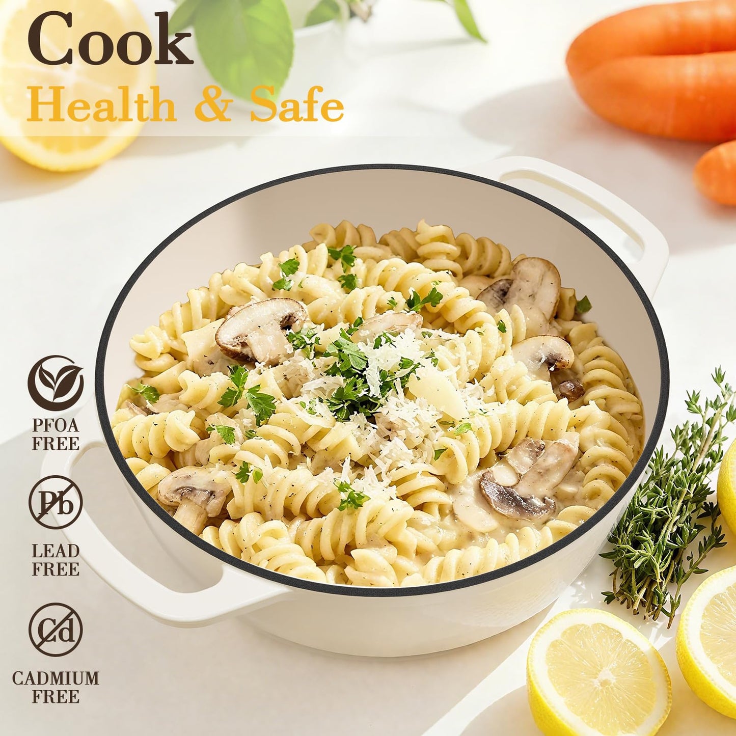 Umite Chef 6QT Enameled Cast Iron Dutch Oven with Lid, Versatile Heavy-Duty Cookware Pot for Baking Bread, Braising, Soups & Stews, Oven & Stovetop Safe with Heat Resistant Gloves（Cream White）