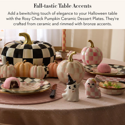 MACKENZIE-CHILDS Set of 4 Ceramic Dessert Plates, Decorative Dishes, Pumpkin, Pink-and-White Rosy Check