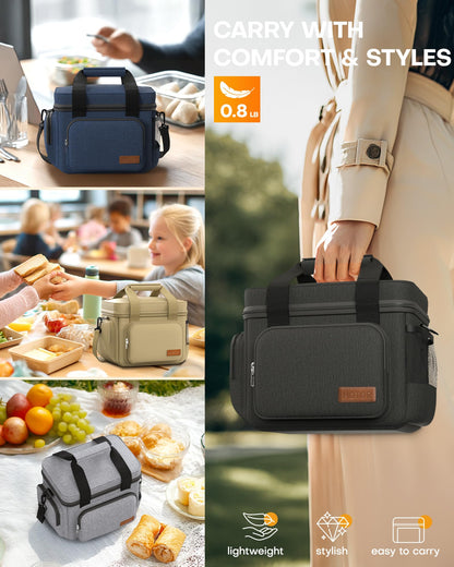 HOTOR Lunch Box for Men and Women - Leak-Proof Insulated Lunch Cooler Bag with Adjustable Strap, Multiple Pockets for Office, Picnic, Hiking, Beach, 1 Layer, 8L, Black, 9.8" x 8.7" x 5.9"