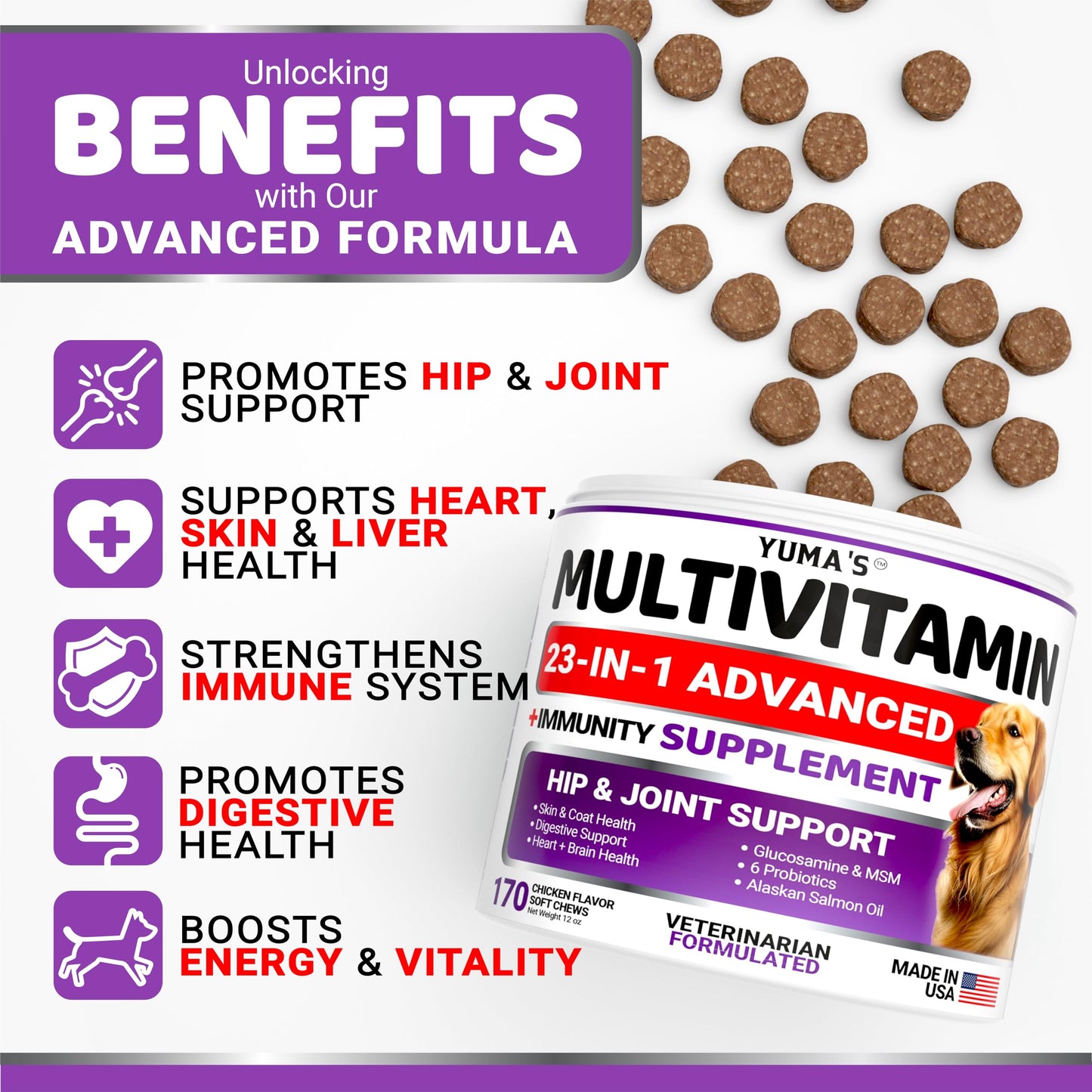 Dog Multivitamin Chewable with Glucosamine - Dog Vitamins and Supplements - 170 Treats - Senior & Puppy Multivitamin for Dogs - Hip & Joint Support - Immune Health, Skin, Heart, Digestion, Probiotics