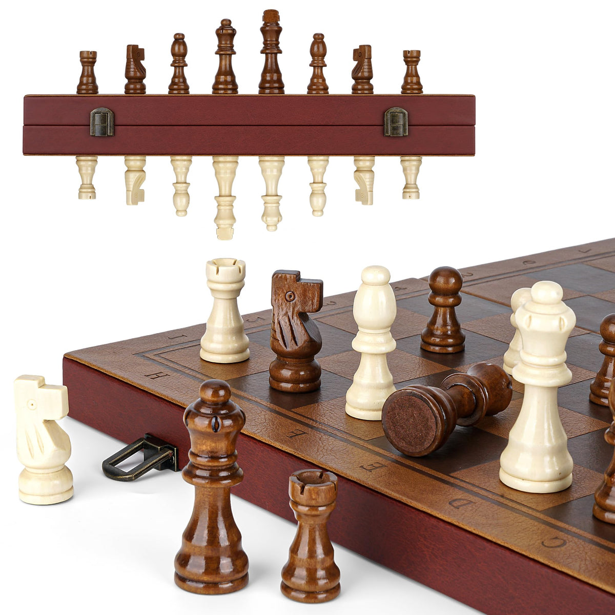 Strong Magnetic Chess Set for Adults & Kids, 15.4" Leather Chess Board & Handcrafted Wooden Chess Pieces with Storage Slots, Portable Travel Chess Game for Beginner and Professional