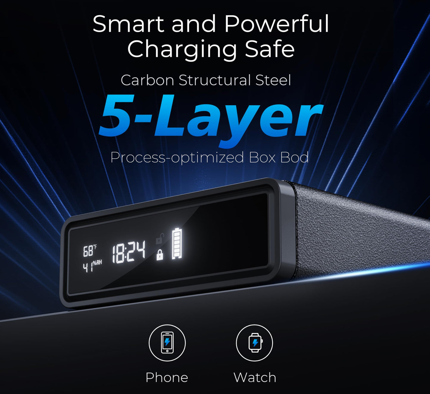 Smart Biometric Safe with Wireless Charging for Phone & Watch, 3 Access Methods to Unlock, Nightstand Drawer Safe LED Display with Humidity & Temperature Monitoring, Stopbox for Cash and Valuables