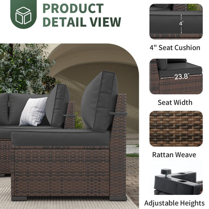 Amopatio 8-Piece Outdoor Patio Furniture Set with 44" Fire Pit Table, Modern Rattan Sectional Couch with Tempered Glass Coffee Table, Thickened Cushions and Include Waterproof Cover (Dark Grey)