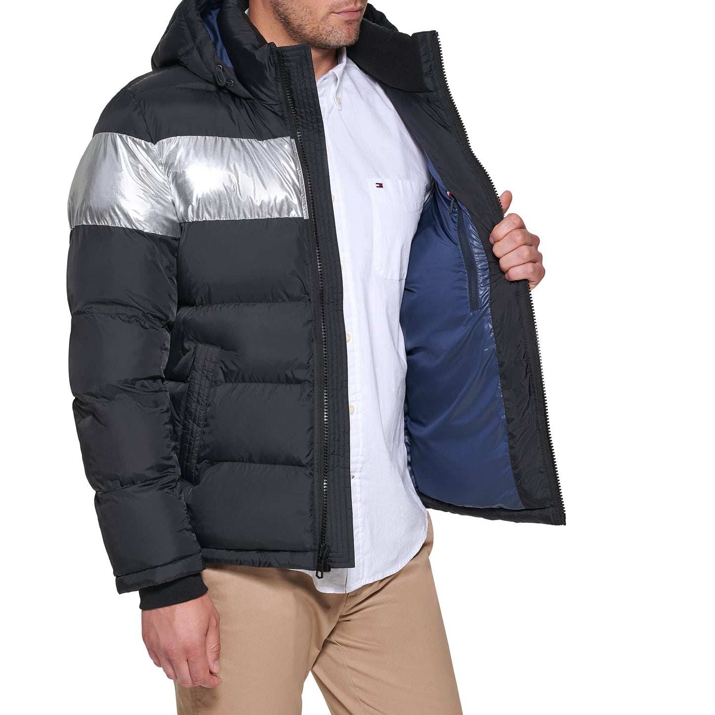 Tommy Hilfiger Men's Hooded Puffer Jacket, Black Silver Stripe, XX-Large