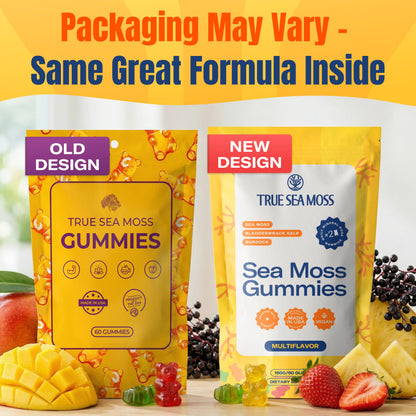 TrueSeaMoss Sea Moss Gummies with Bladderwrack & Burdock Root – Vegan Formula for Adults & Kids – Fruity Flavor – 60 Gummies (Pouch May Vary)